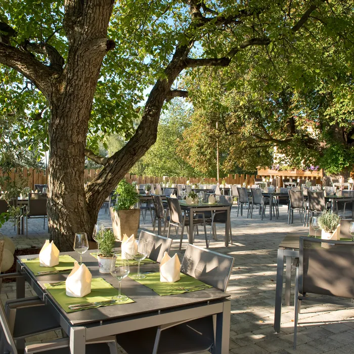 Restaurantterrasse im Freien mit modernen Tischen unter schattigen Bäumen im Sonnenlicht